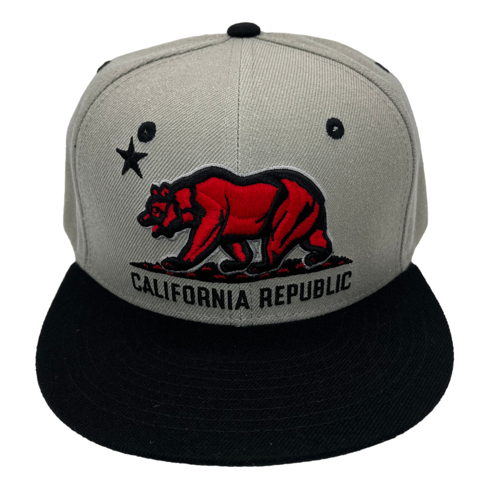 California Republic Cali Bear Flag Flat Bill Snapback Cap Hat Grey with Red Bear